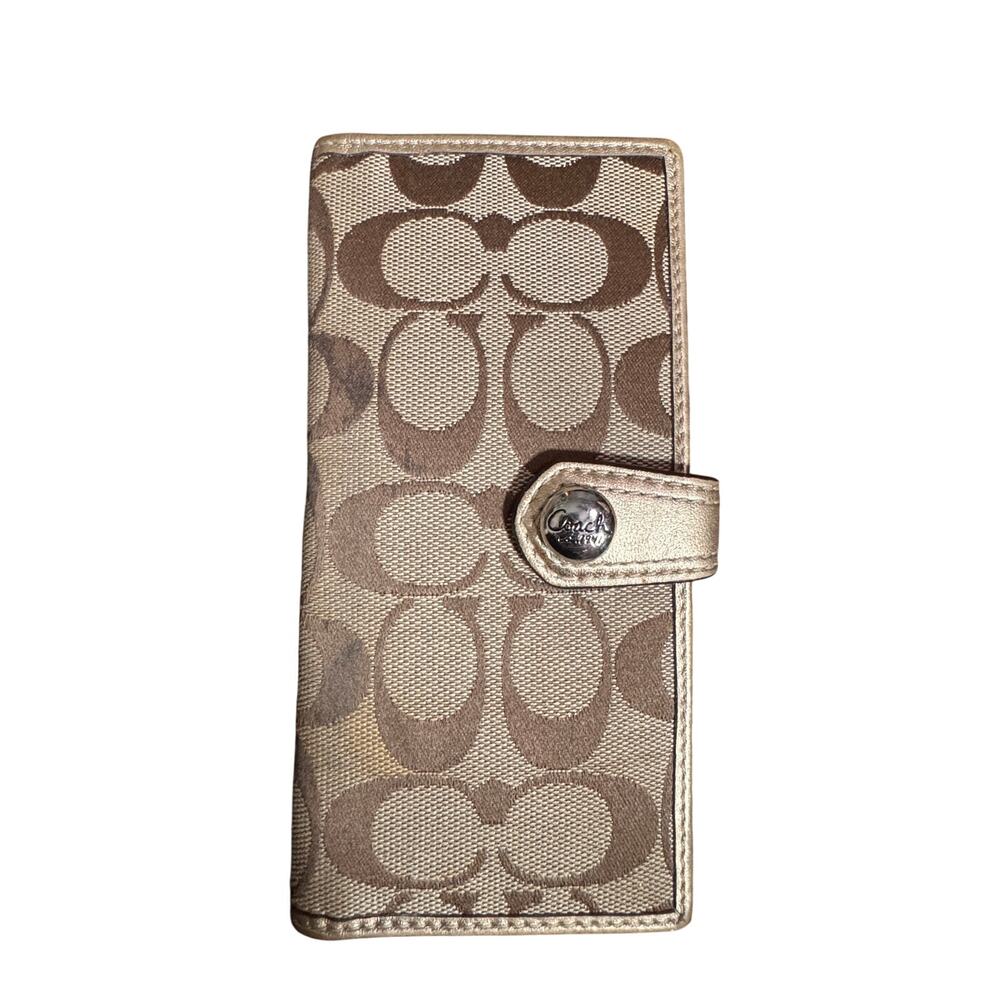 Y2K Vintage Coach Beige Brown Signature Logo Snap Folding Check Wallet ID Window